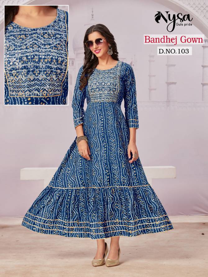 Bandhej Gown By Nysa Foil Print Long Anarkali Kurtis Wholesale Shop In Surat